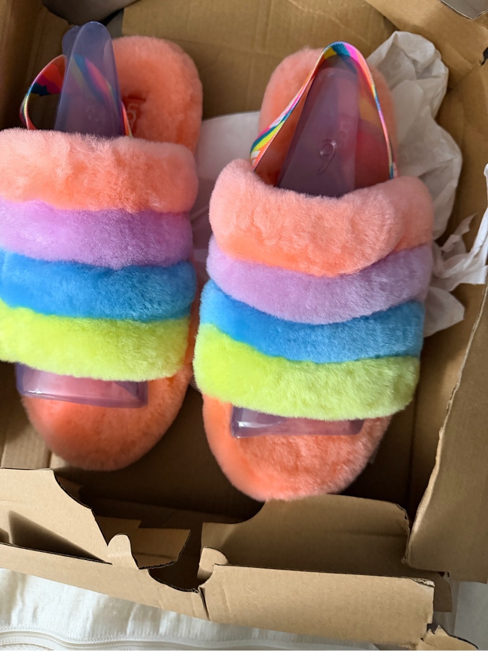 UGG Kids Rainbow Fuzzy Slide Slippers - Peach Multi